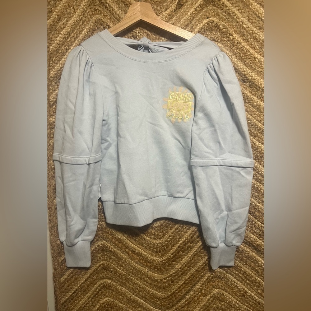 Ganni Isoli Puff-Sleeve Love Club Sweatshirt,Open Back,Blue,Size XS
